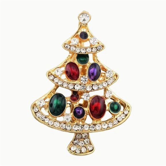 Betsey Johnson Colorful Crystal Christmas Tree Brooch Gold Tone - Picture 1 of 2